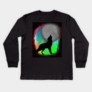 Neon colors wolf howling at the moon Kids Long Sleeve T-Shirt